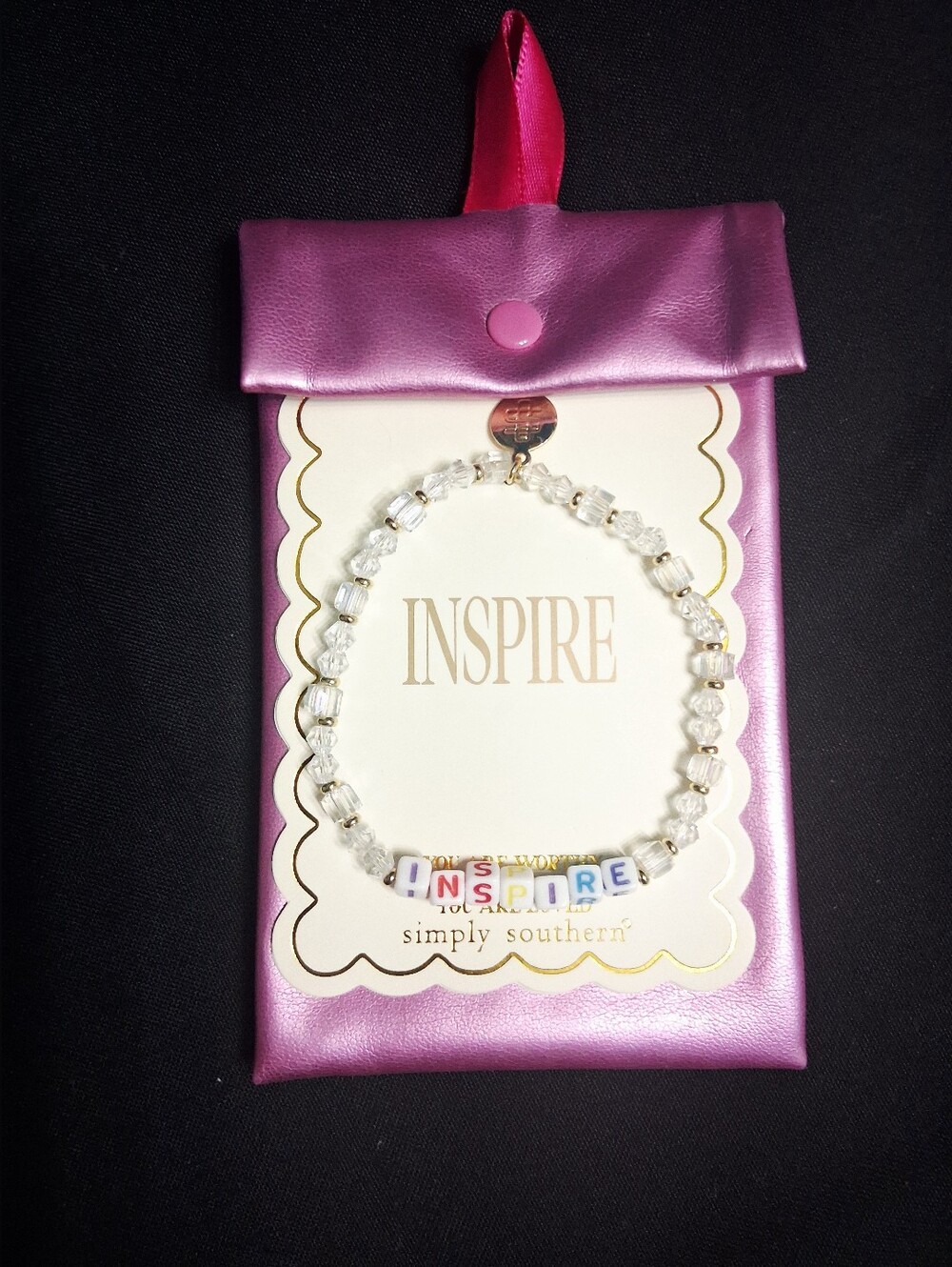 NEW! Simply Southern Clear Beaded 'INSPIRE' Bracelet with Pink Metallic Pouch